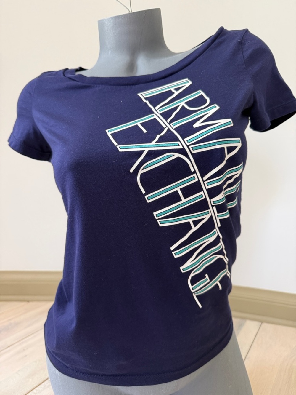 Armani Exchange Women's Navy Tee with Diagonal Logo S